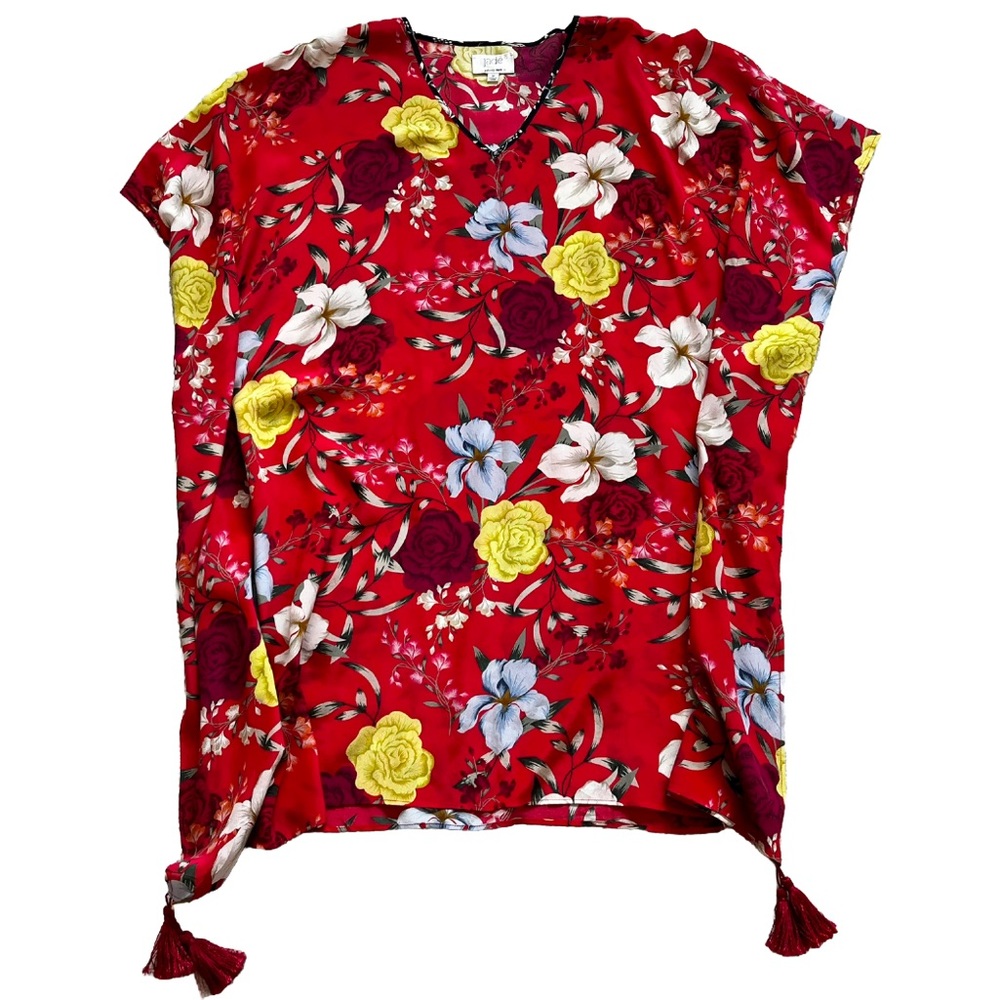 JOHNNY WAS JADE 100% Silk Vega Floral-Print V-Neck Silk Tunic w/ Tassels Artsy - Picture 11 of 11